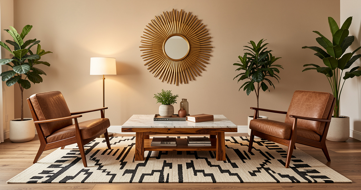 Salon moderne décoré avec un mélange de chaises vintage et de mobilier contemporain