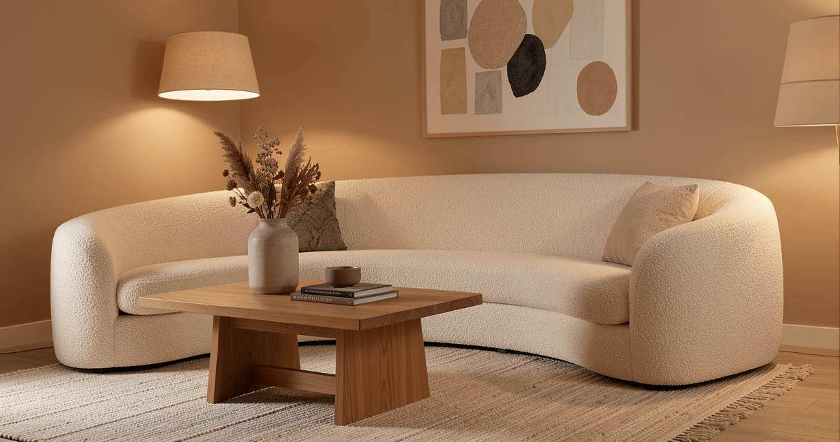 Salon contemporain chaleureux avec canapé bouclette et table en bois massif