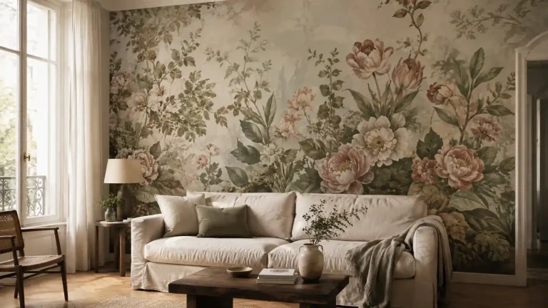 Salon élégant avec un papier peint panoramique floral derrière un canapé en lin clair