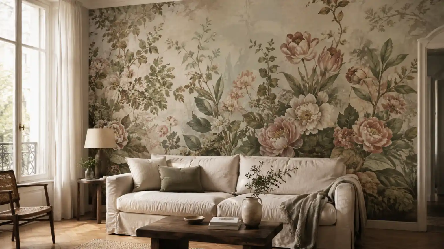 Salon élégant avec un papier peint panoramique floral derrière un canapé en lin clair