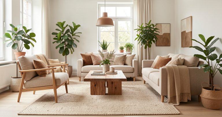 Salon chaleureux décoré selon les tendances décoration 2026 avec du mobilier contemporain et des éléments biophiliques