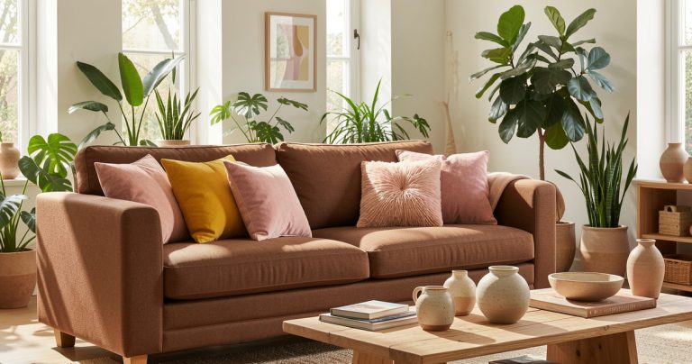 Salon moderne decoré avec des coussins jaune beurre rose poudré et un canapé marron réchauffé