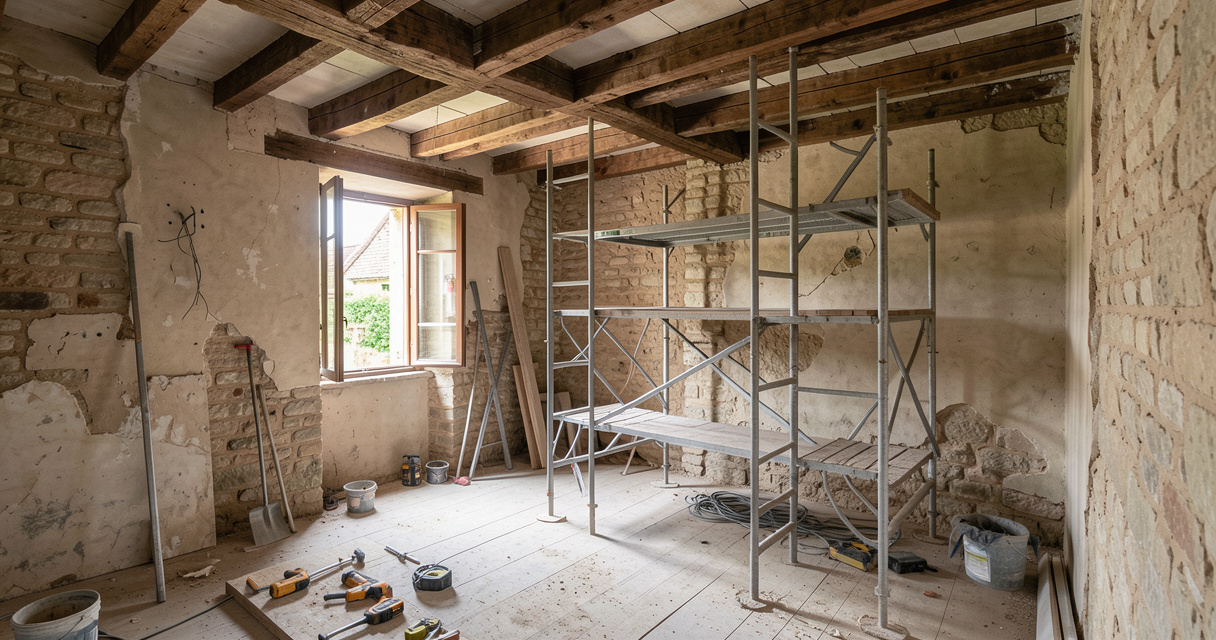 Chantier de rénovation d'une maison à 1 euro dans l'Hérault, poutres apparentes