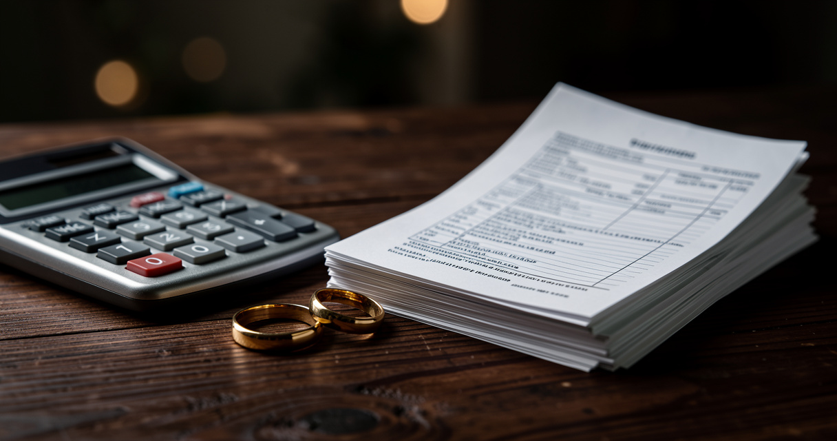 Alliances de mariage et calculatrice symbolisant la fiscalité des couples