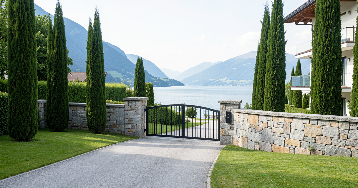 Entrée privée de la maison suisse Schumacher à Gland, vue sur le lac